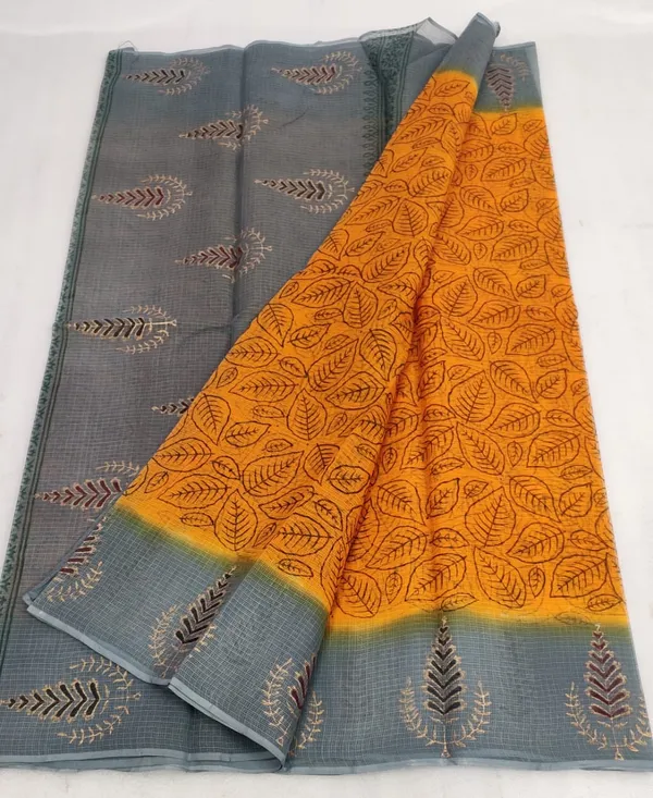 Bright_Kota_Doria_Blockprinted_Orange_&_Gray_Saree