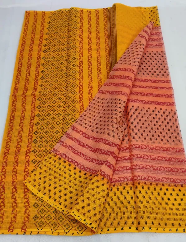 Playful_Kota_Doria_Blockprinted_Orange_&_Yellow_Saree