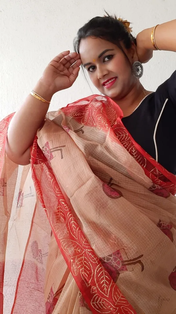 Natural_Kota_Doria_Blockprinted_Biege_&_Red_Saree