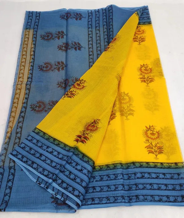 Playful_Kota_Doria_Blockprinted_Yellow_&_Blue_Saree