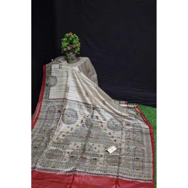 Silkmark_Tussar_Lustrous_Madhubani_Biege_&_Red_Saree