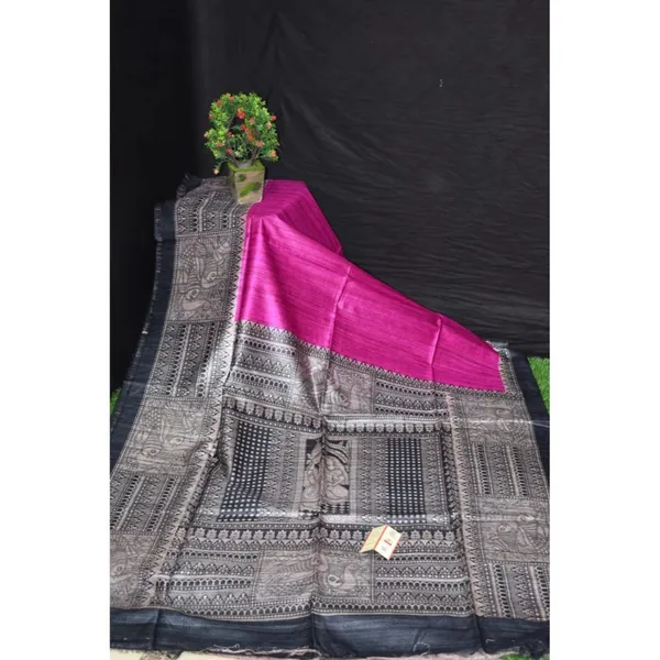 Silkmark_Tussar_Dazzling_Madhubani_Pink_&_Black_Saree