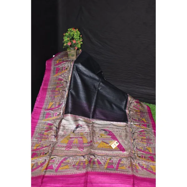 Silkmark_Tussar_Poised_Madhubani_Black_&_Pink_Saree