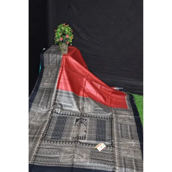 Silkmark_Tussar_Gleaming_Madhubani_Red_&_Black_Saree