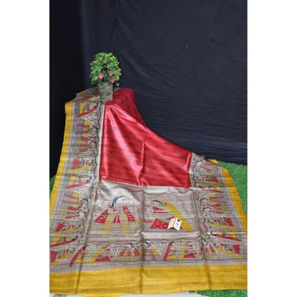 Silkmark_Tussar_Creative_Madhubani_Red_&_Yellow_Saree