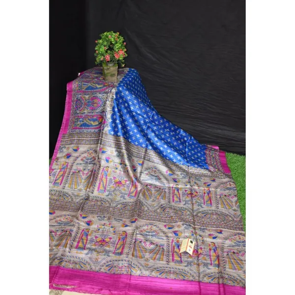 Silkmark_Tussar_Vibrant_Madhubani_Blue_&_Pink_Saree
