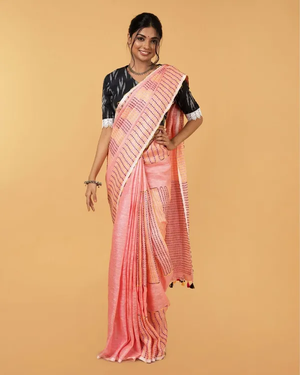 Whispering_Pure_Linen_Kantha_Work_Peach_Saree