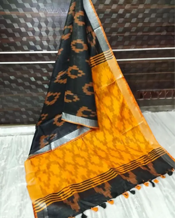 Vivid_Ikkat_Slub_Linen_Handloom_Black_Saree