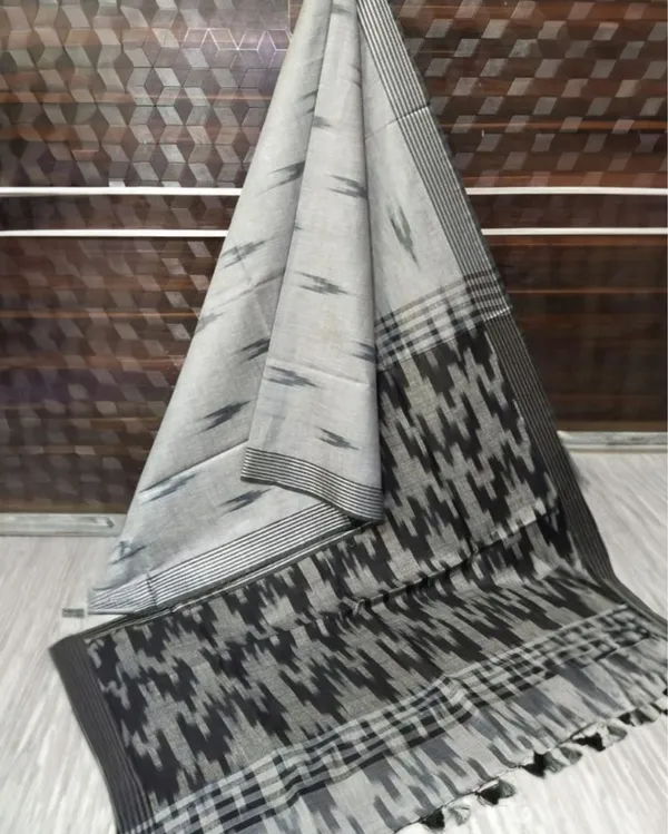 Refreshing_Ikkat_Slub_Linen_Handloom_Gray_Saree