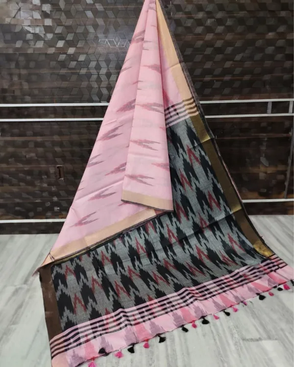 Minimalist_Ikkat_Slub_Linen_Handloom_Pink_Saree