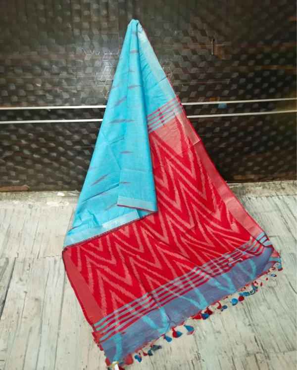 Oceana_Ikkat_Slub_Linen_Handloom_Blue_Saree