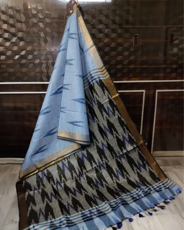 Earthy_Ikkat_Slub_Linen_Handloom_Blue_Saree