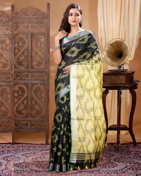 Contemporary_Ikkat_Slub_Linen_Handloom_Black_Saree