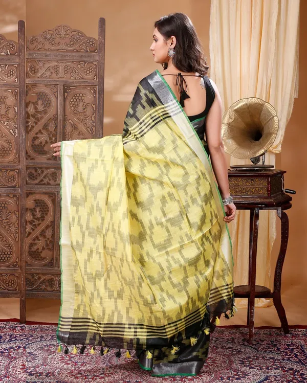 Contemporary_Ikkat_Slub_Linen_Handloom_Black_Saree
