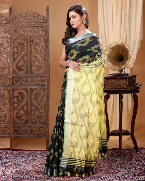 Contemporary_Ikkat_Slub_Linen_Handloom_Black_Saree