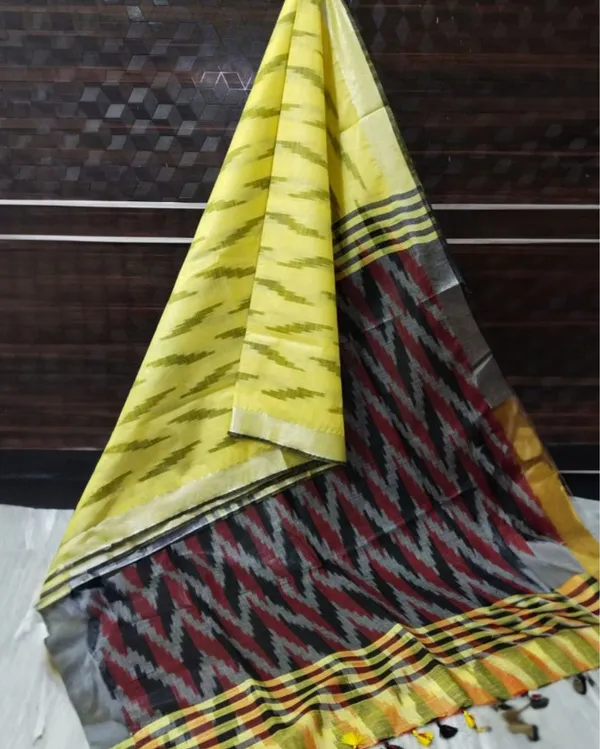 Classy_Ikkat_Slub_Linen_Handloom_Yellow_Saree