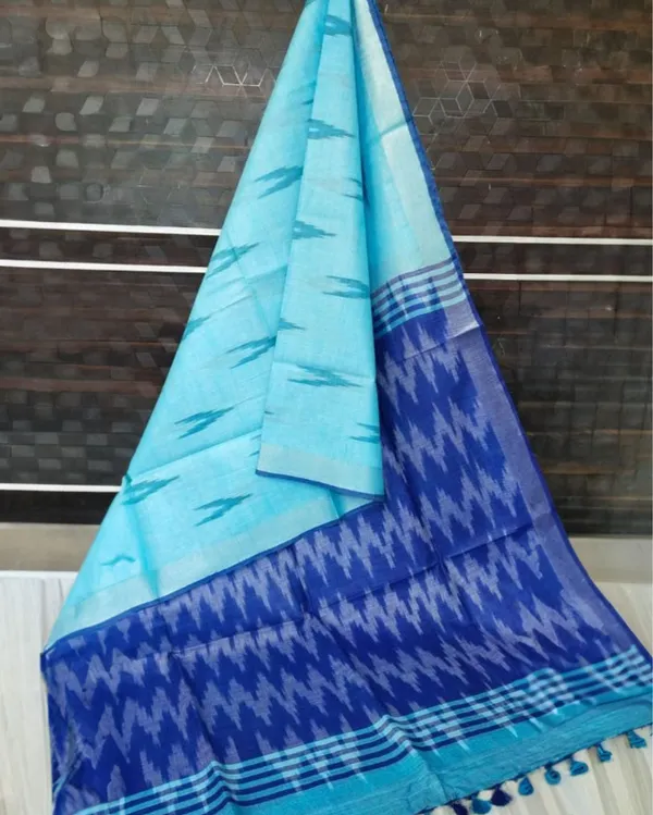 Natural_Ikkat_Slub_Linen_Handloom_Blue_Saree