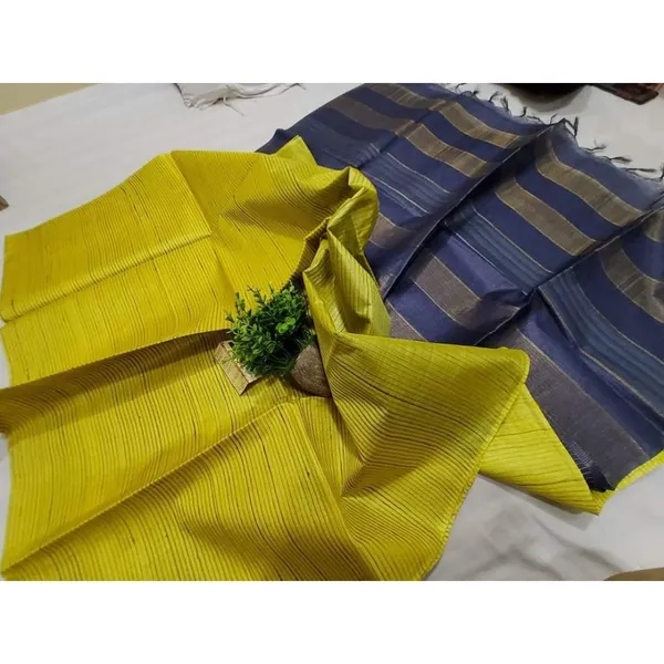 Silkmark_Eri_Tussar_Striped_Yellow_&_Blue_Saree
