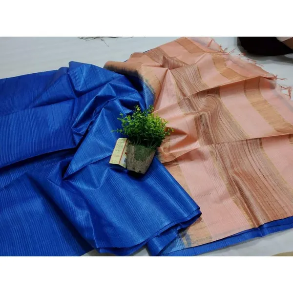 Silkmark_Eri_Tussar_Striped_Blue_&_Peach_Saree