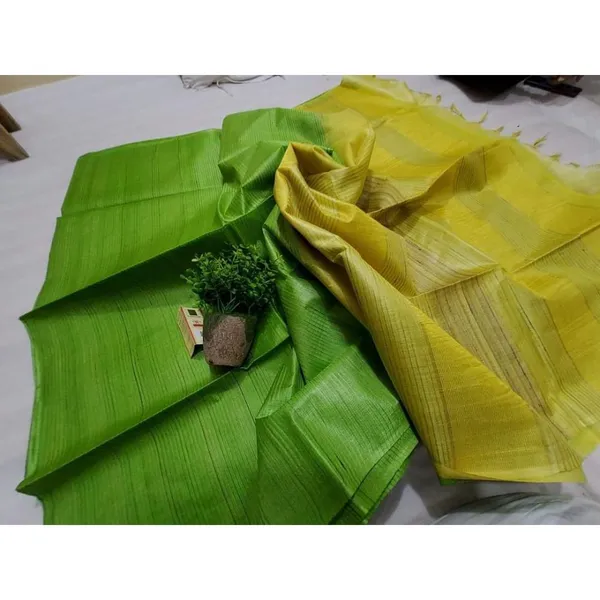 Silkmark_Eri_Tussar_Striped_Green_&_Yellow_Saree