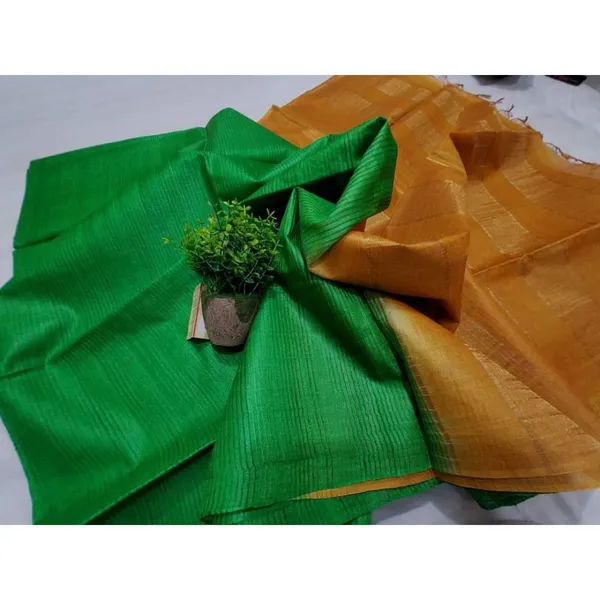 Silkmark_Eri_Tussar_Striped_Green_&_Mustard_Saree