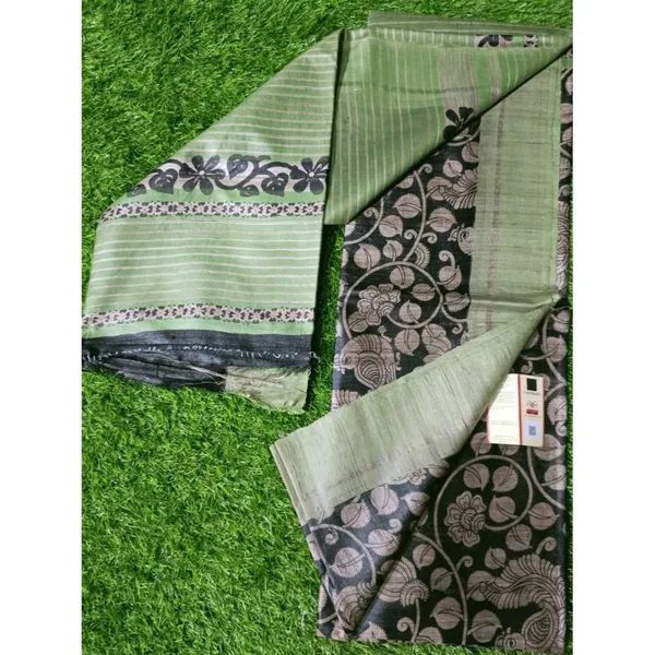 Silkmark_Tussar_Graceful_Blockprint_Black_&_Green_Saree
