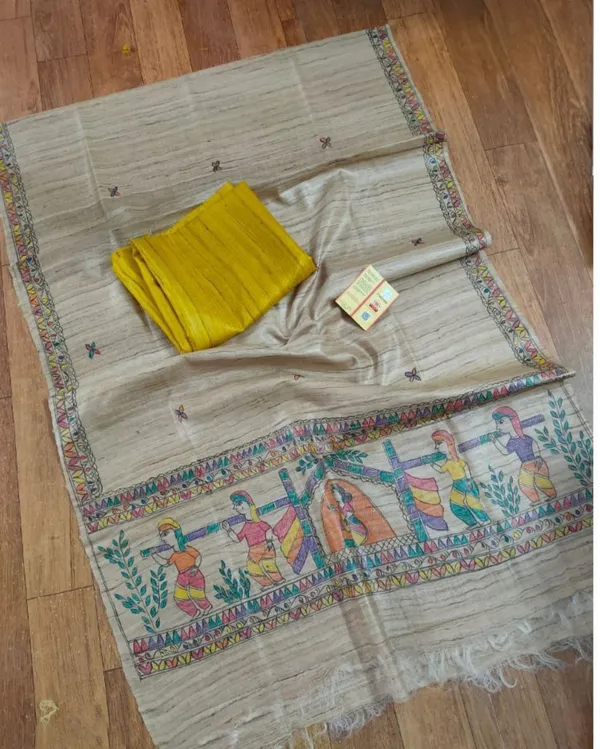 Silkmark_Tussar_Beige_Madhubani_Vivid_Dupatta_&_Yellow_Top