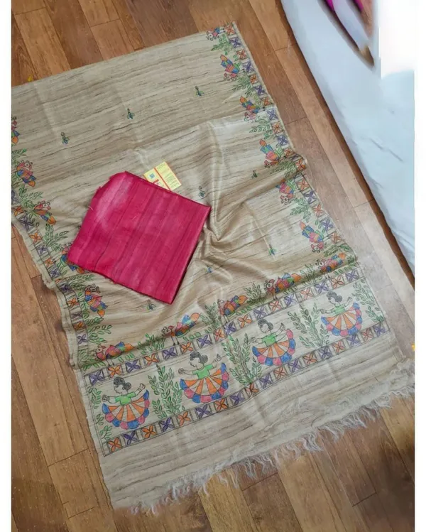 Silkmark_Tussar_Beige_Madhubani_Colorful_Dupatta_&_Pink_Top