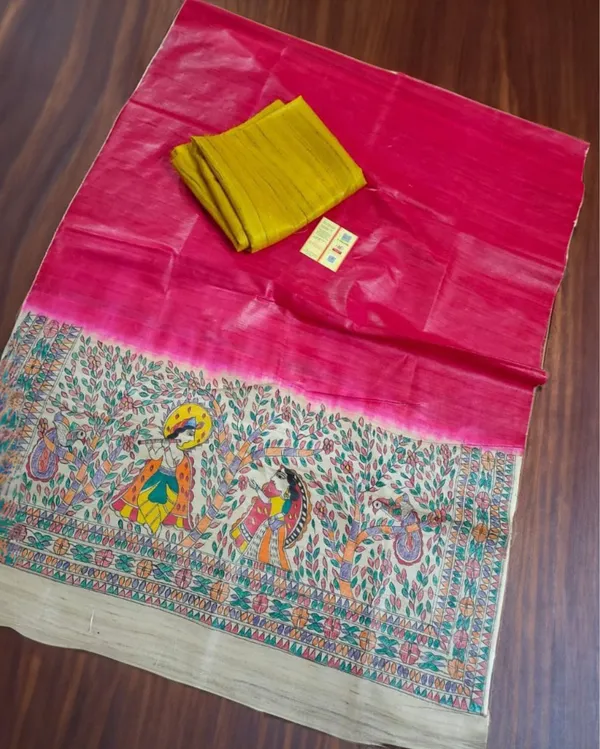 Silkmark_Tussar_Pink_Madhubani_Kinetic_Dupatta_&_Yellow_Top