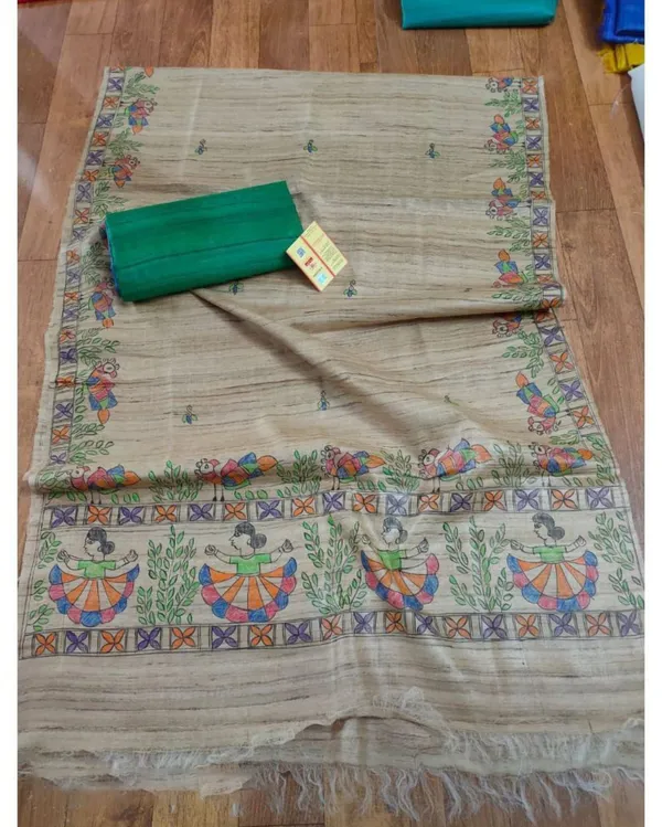Silkmark_Tussar_Beige_Madhubani_Radiant_Dupatta_&_Green_Top