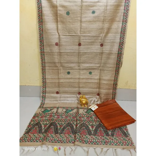Silkmark_Tussar_Beige_Madhubani_Unique_Dupatta_&_Orange_Top