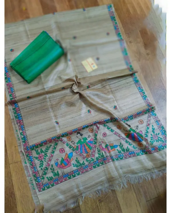 Silkmark_Tussar_Beige_Madhubani_Idyllic_Dupatta_&_Green_Top