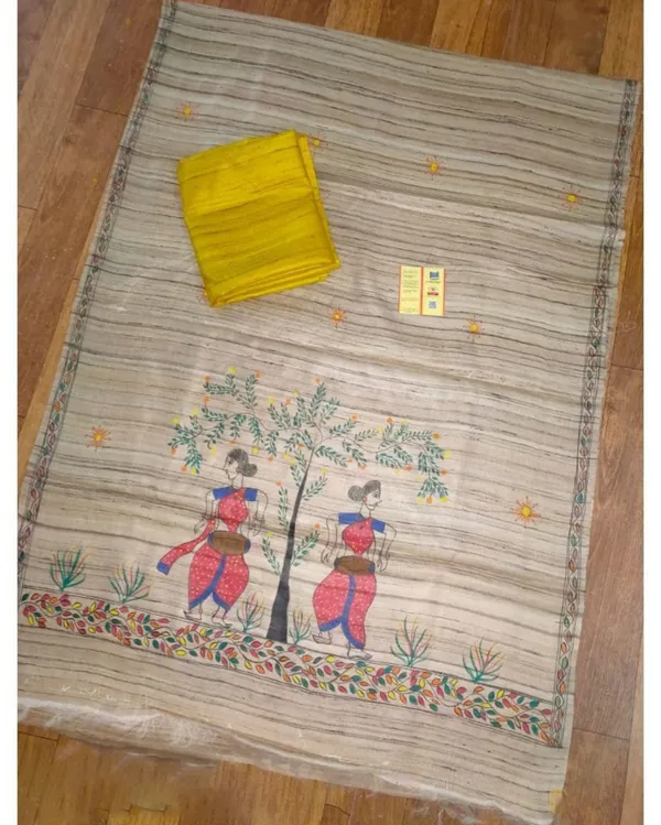 Silkmark_Tussar_Beige_Madhubani_Quaint_Dupatta_&_Yellow_Top