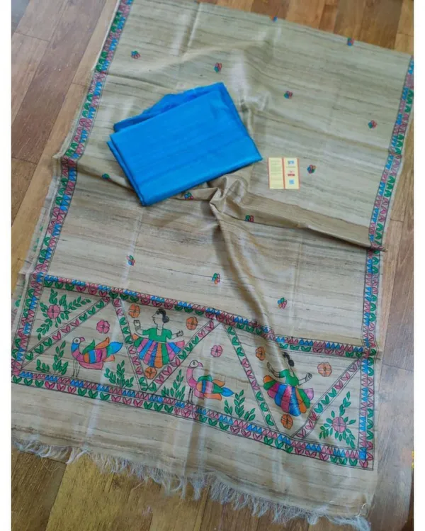 Silkmark_Tussar_Beige_Madhubani_Precious_Dupatta_&_Blue_Top