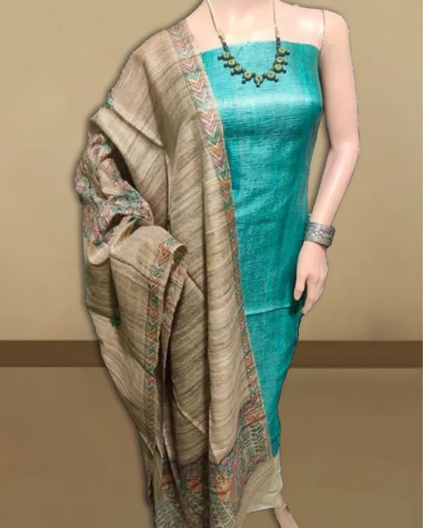 Silkmark_Tussar_Beige_Madhubani_Graceful_Dupatta_&_Blue_Top
