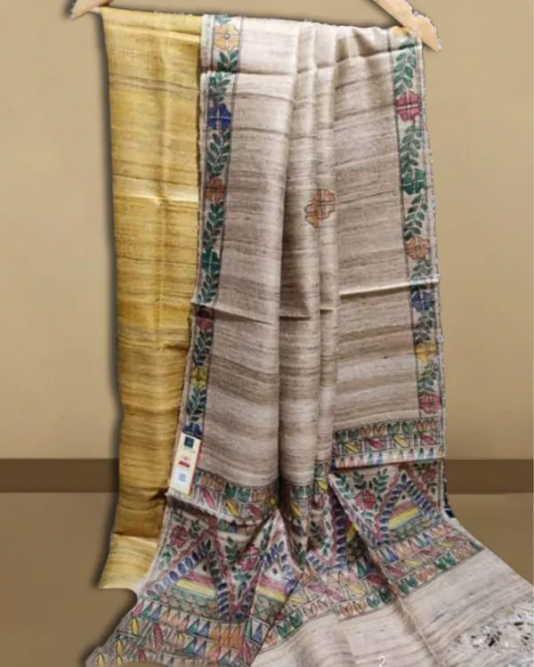 Silkmark_Tussar_Beige_Madhubani_Bold_Dupatta_&_Mustard_Top