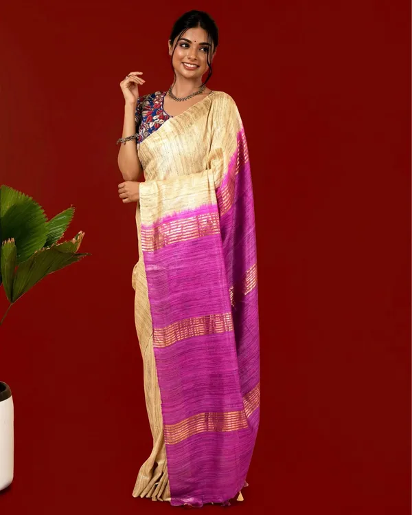 Silkmark_Ghicha_Tussar_Classy_Beige_&_Purple_Saree