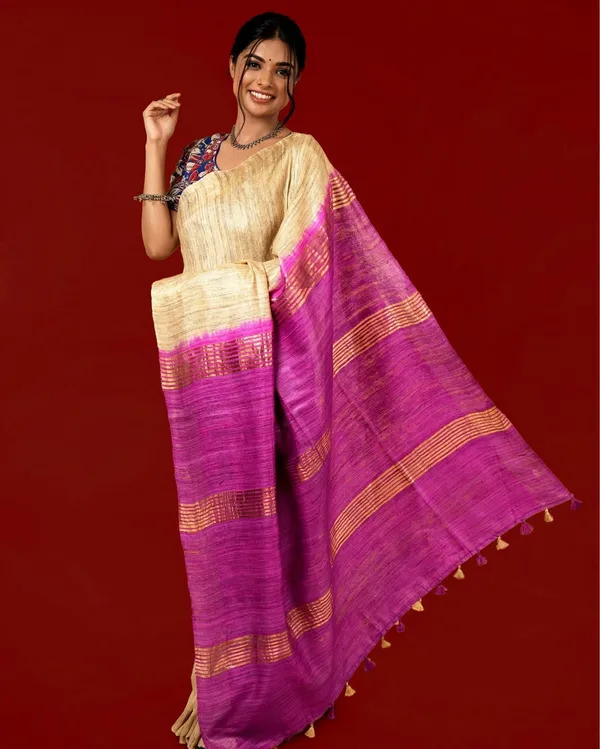 Silkmark_Ghicha_Tussar_Classy_Beige_&_Purple_Saree