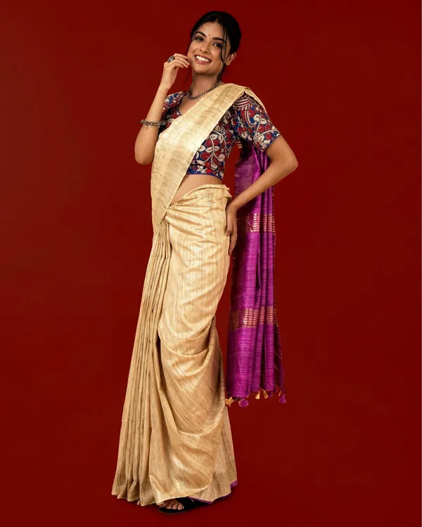 Silkmark_Ghicha_Tussar_Classy_Beige_&_Purple_Saree