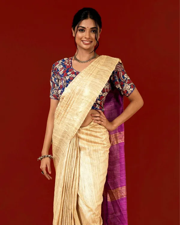 Silkmark_Ghicha_Tussar_Classy_Beige_&_Purple_Saree