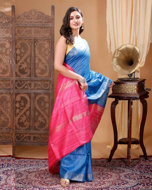 Silkmark_Ghicha_Tussar_Ornamental_Blue_&_Pink_Saree