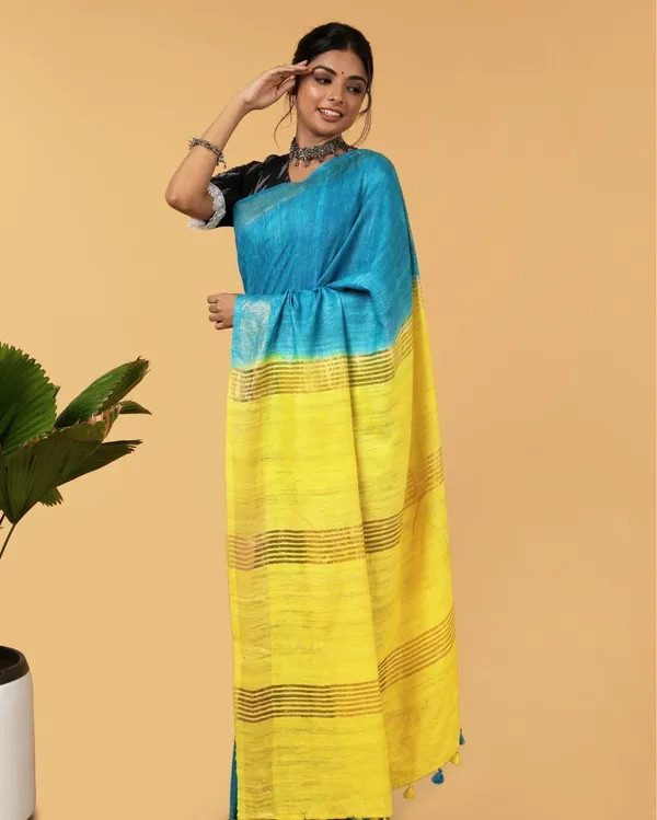 Silkmark_Ghicha_Tussar_Incandescent_Blue_&_Yellow_Saree