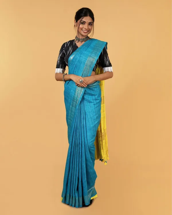 Silkmark_Ghicha_Tussar_Incandescent_Blue_&_Yellow_Saree
