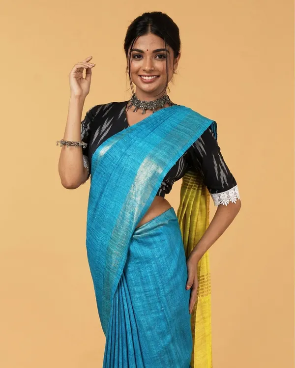 Silkmark_Ghicha_Tussar_Incandescent_Blue_&_Yellow_Saree