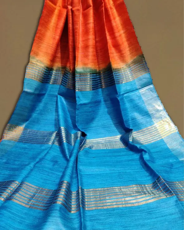 Silkmark_Ghicha_Tussar_Stimulating_Orange_&_Blue_Saree