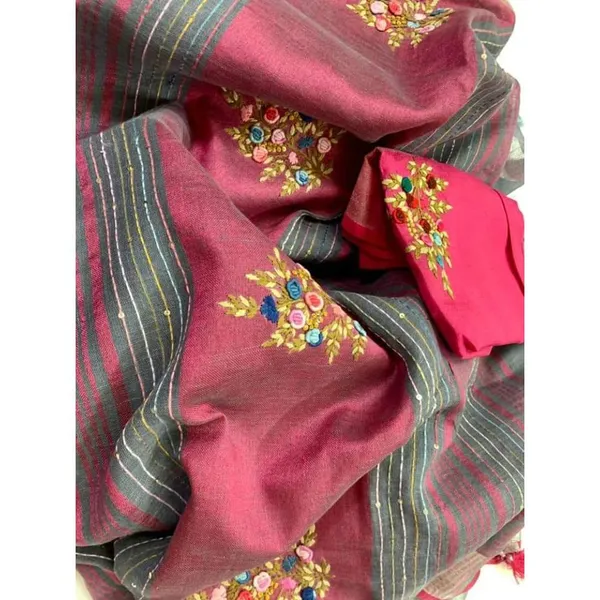 Bold_Pure_Linen_Floral_Embroidered_Red_Saree