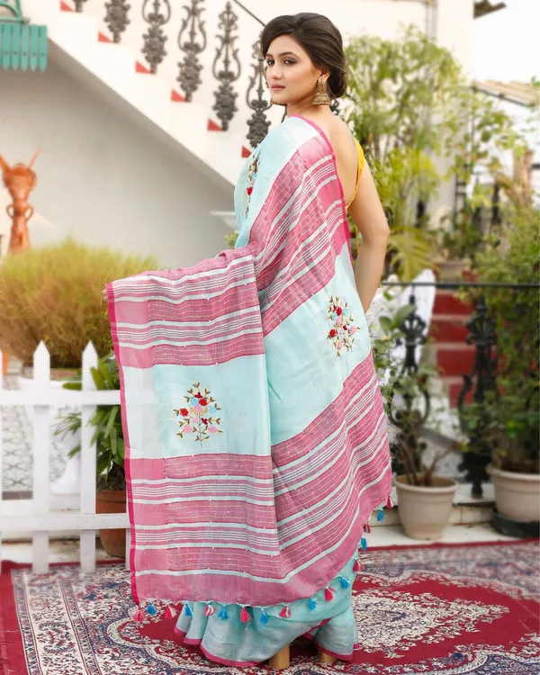 Oceanic_Pure_Linen_Floral_Embroidered_Blue_Saree