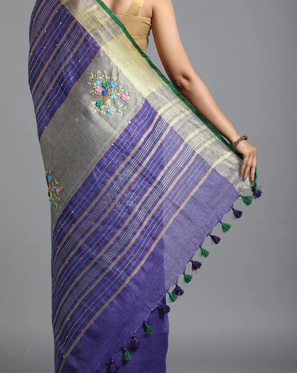 Captivating_Pure_Linen_Floral_Embroidered_Purple_Saree