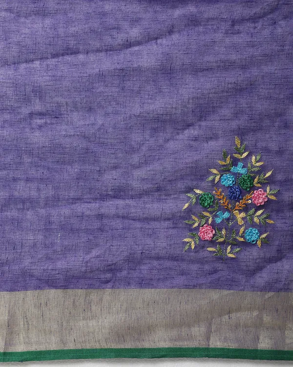 Captivating_Pure_Linen_Floral_Embroidered_Purple_Saree