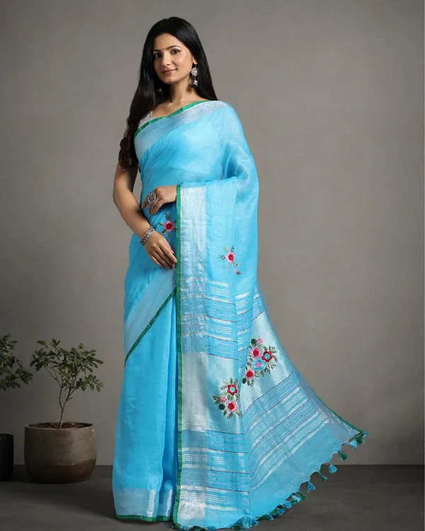 Decorous_Pure_Linen_Floral_Embroidered_Blue_Saree